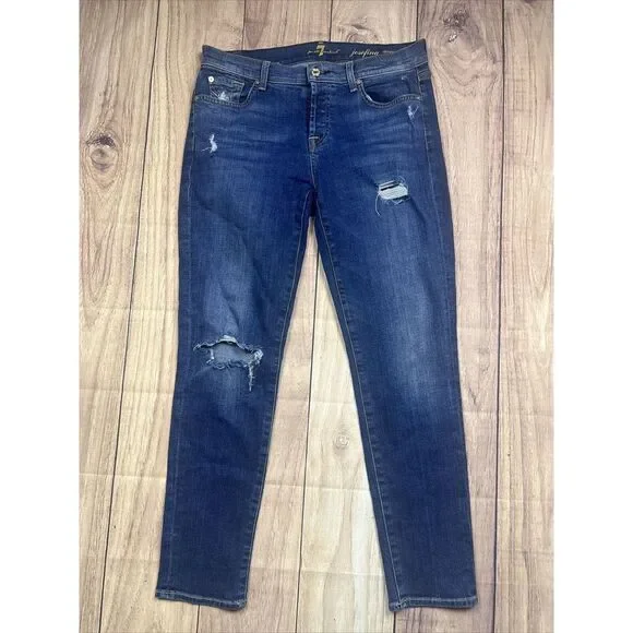 7 for All Mankind Distressed Josefina Skinny Boyfriend Denim Blue Jeans Size 26 - Picture 1 of 7